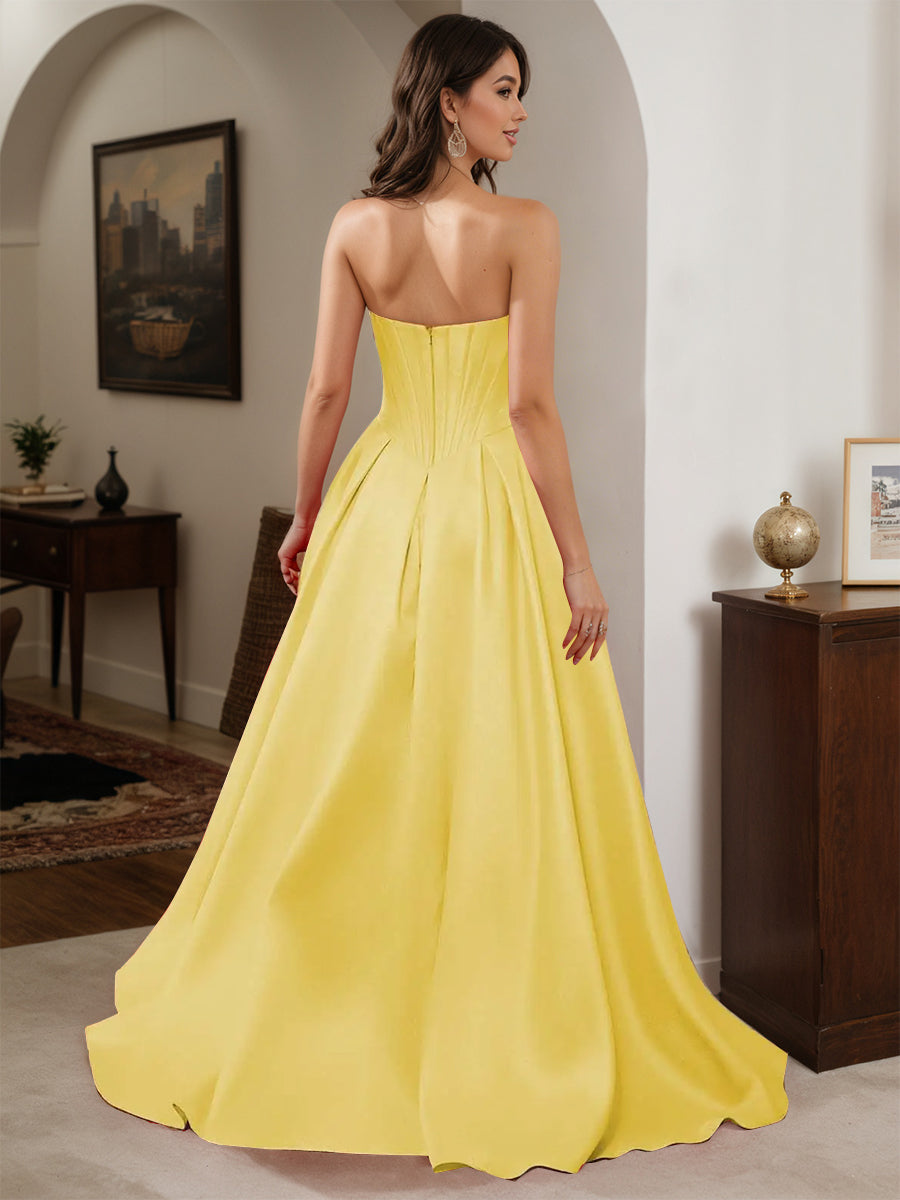 Cicinia Yellow Prom Dresses Long Satin A-line Strapless Floor Length Dress