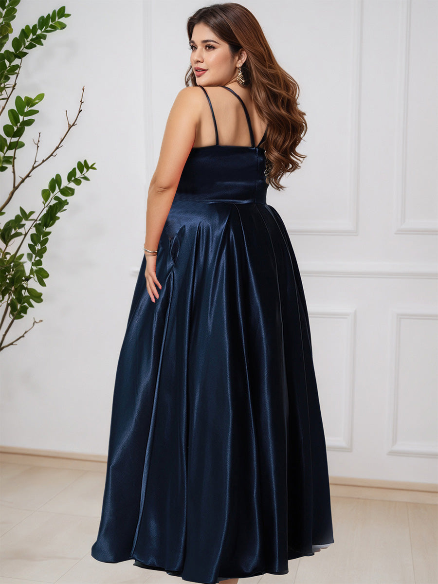 Simple Navy Blue Soft Satin A-line Spaghetti Straps Long Plus Size Prom Dress