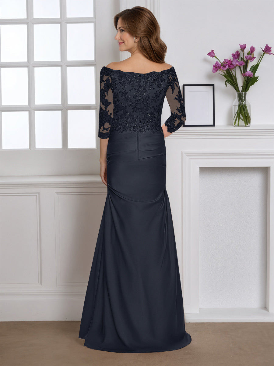 Cicinia Dark Navy Mother Of The Bride Dress Long Stretch Fabric Sheath Off The Shoulder Elegant