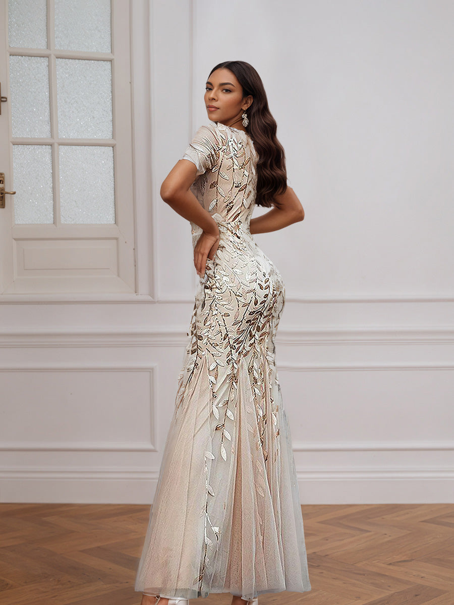 Pretty Champagne Scoop Neckling Short Sleeves Long Lace Prom Dress