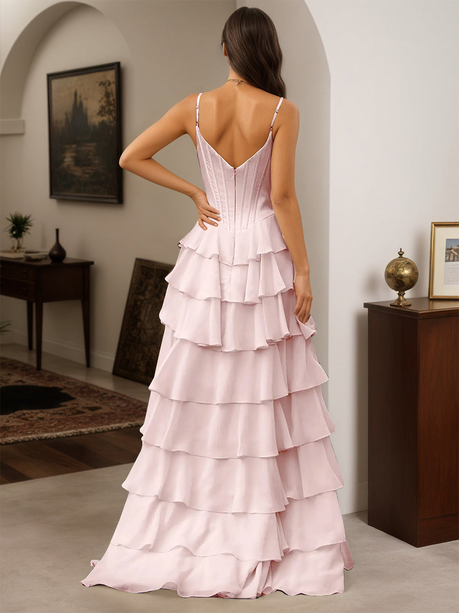 Cicinia Pink Prom Dresses Long Spaghetti Straps A-line Floor Length Slit Layered