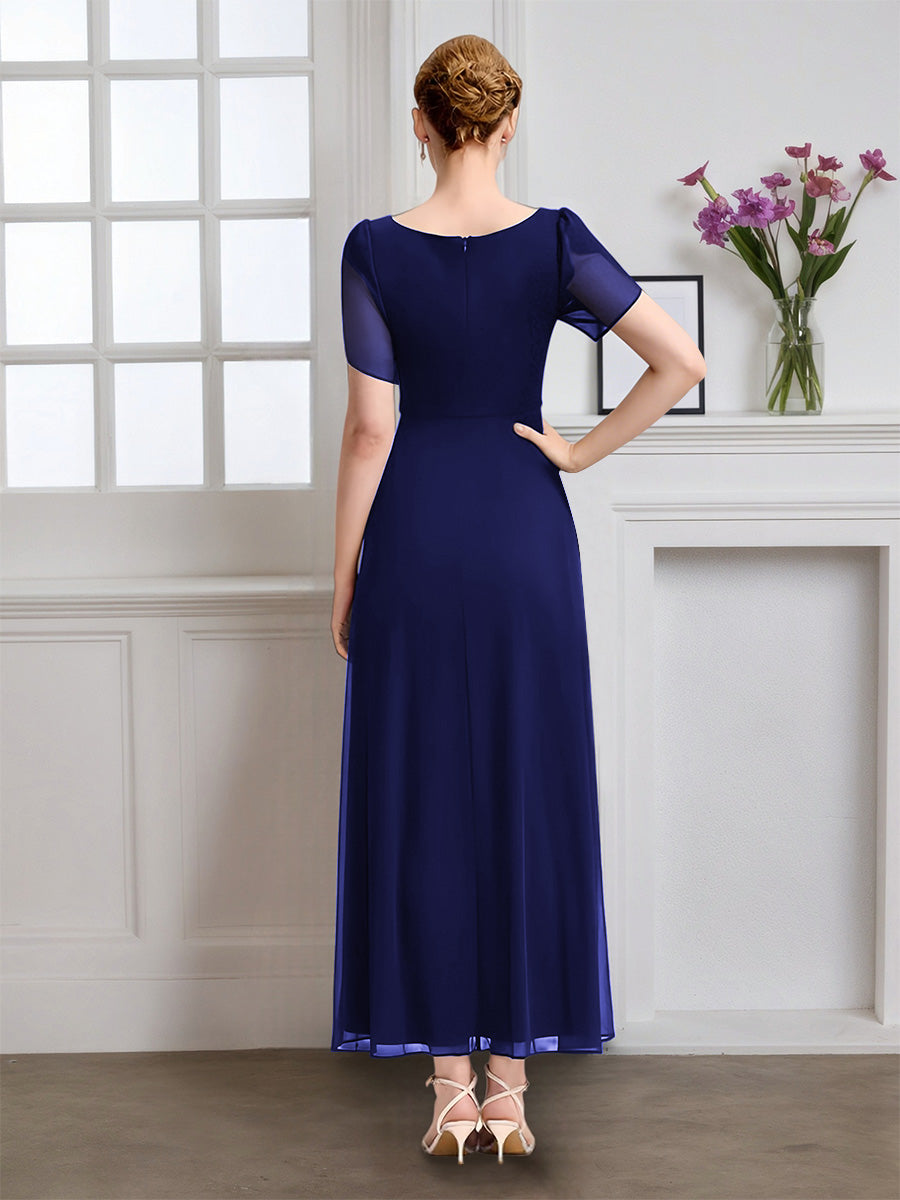 Cicinia Navy Blue Mother Of The Bride Dress Long Chiffon A-line Ankle Length Short Sleeves V-neck