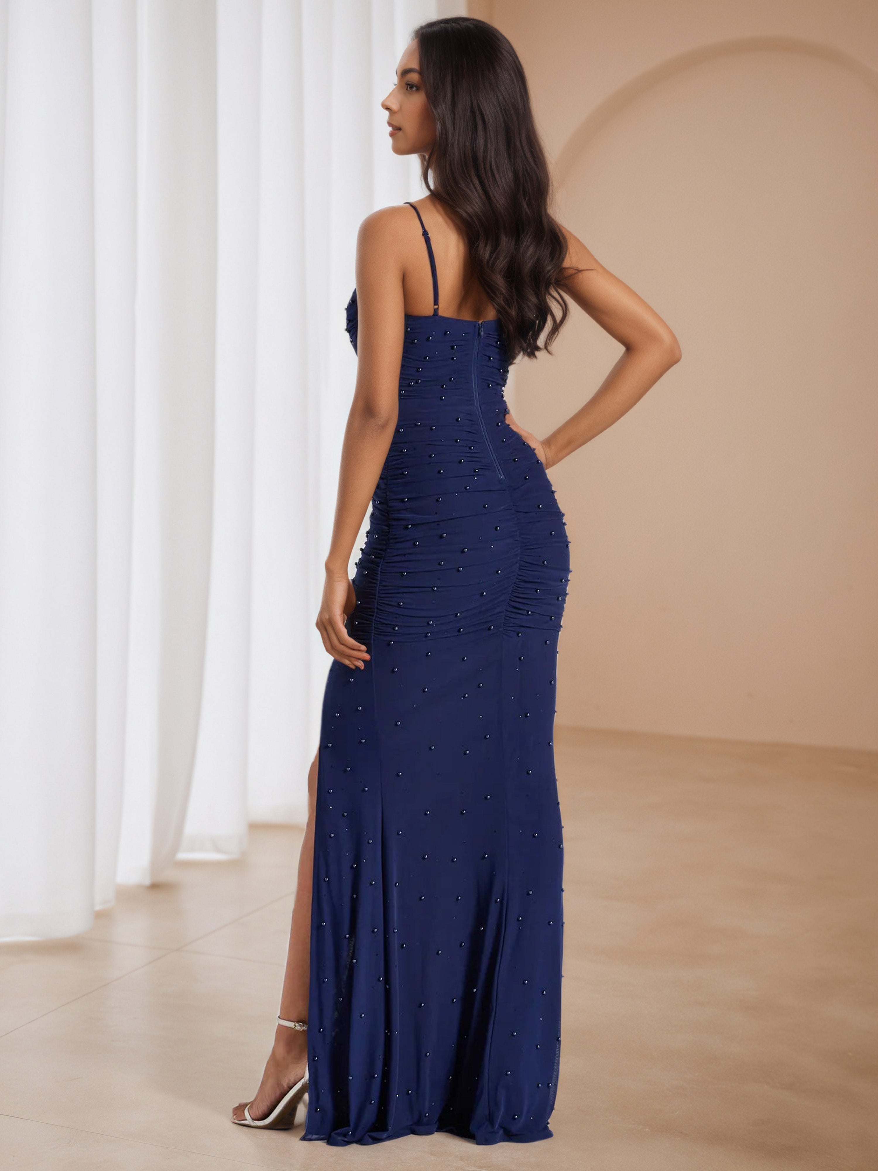 Sweetheart Dark Navy Blue Pearl Long Wedding Guest Dress with Split