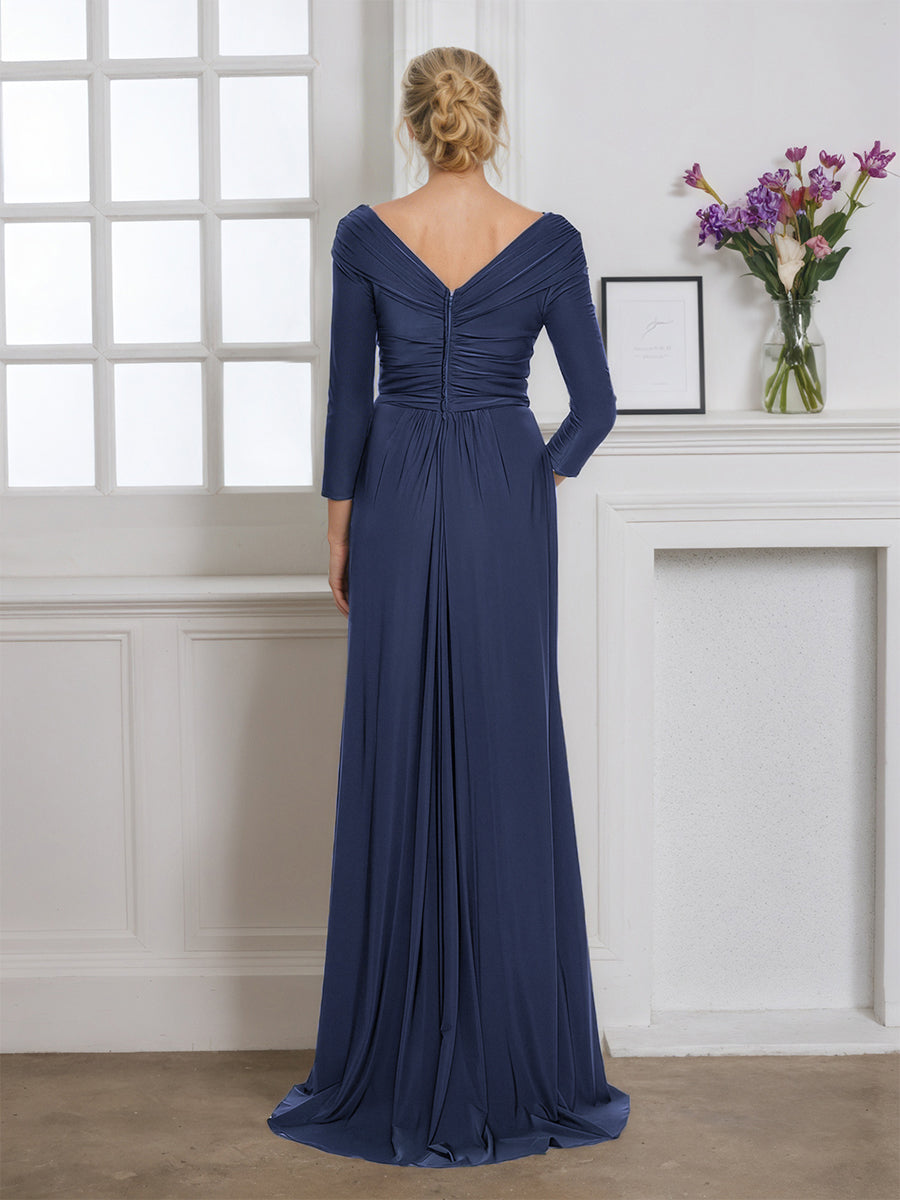 Cicinia Navy Blue Mother Of The Bride Dress With Sleeves Long V-neck Sheath Dress With Sweep Train