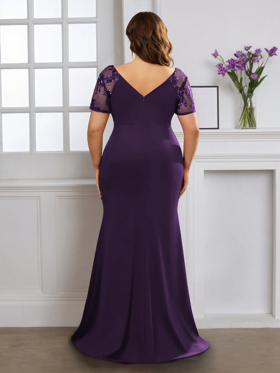 Cicinia Grape Mother Of The Bride Dress With Sleeves Plus Size Long Stretch Fabric Sheath V-neck Slit