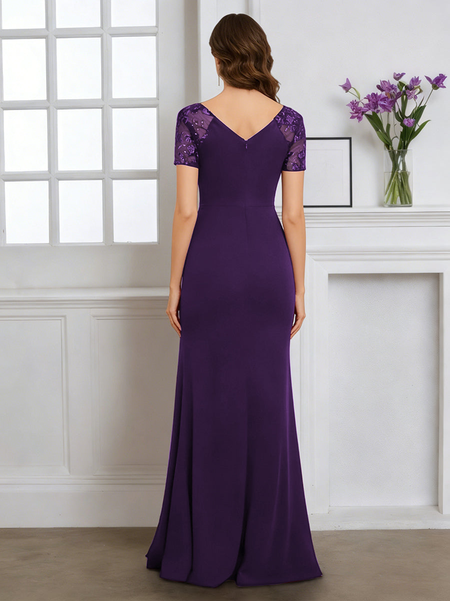 Cicinia Grape Mother Of The Bride Dress With Sleeves Long Stretch Fabric Sheath V-neck Slit