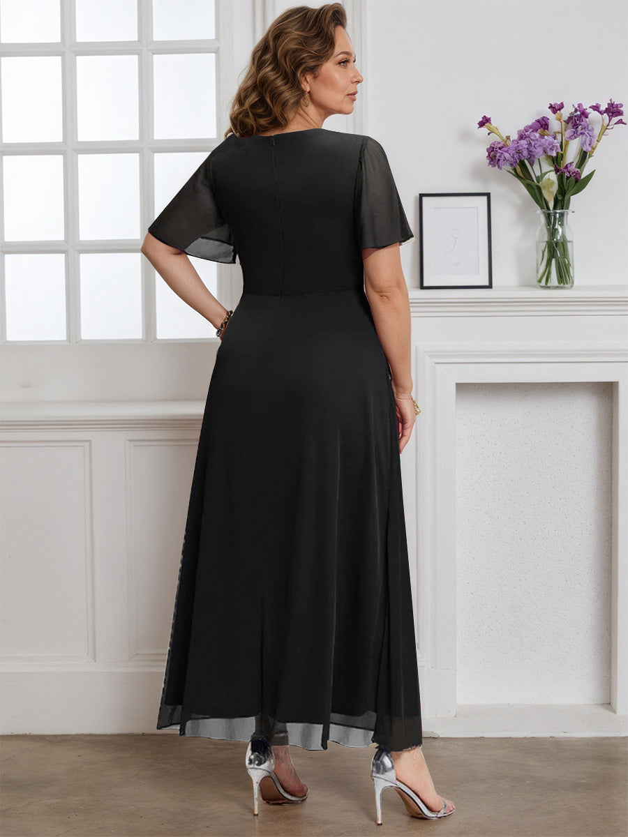 Cicinia Black Mother Of The Bride Dress Long Chiffon A-line Flutter Sleeves V-neck Plus Size