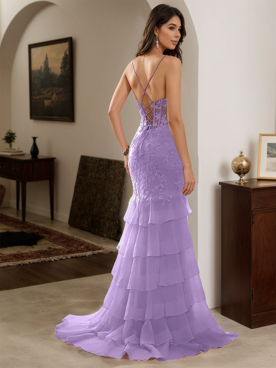 Cicinia Tahiti Prom Dresses Long Chiffon Appliques Lace Sheath Layered Spaghetti Straps