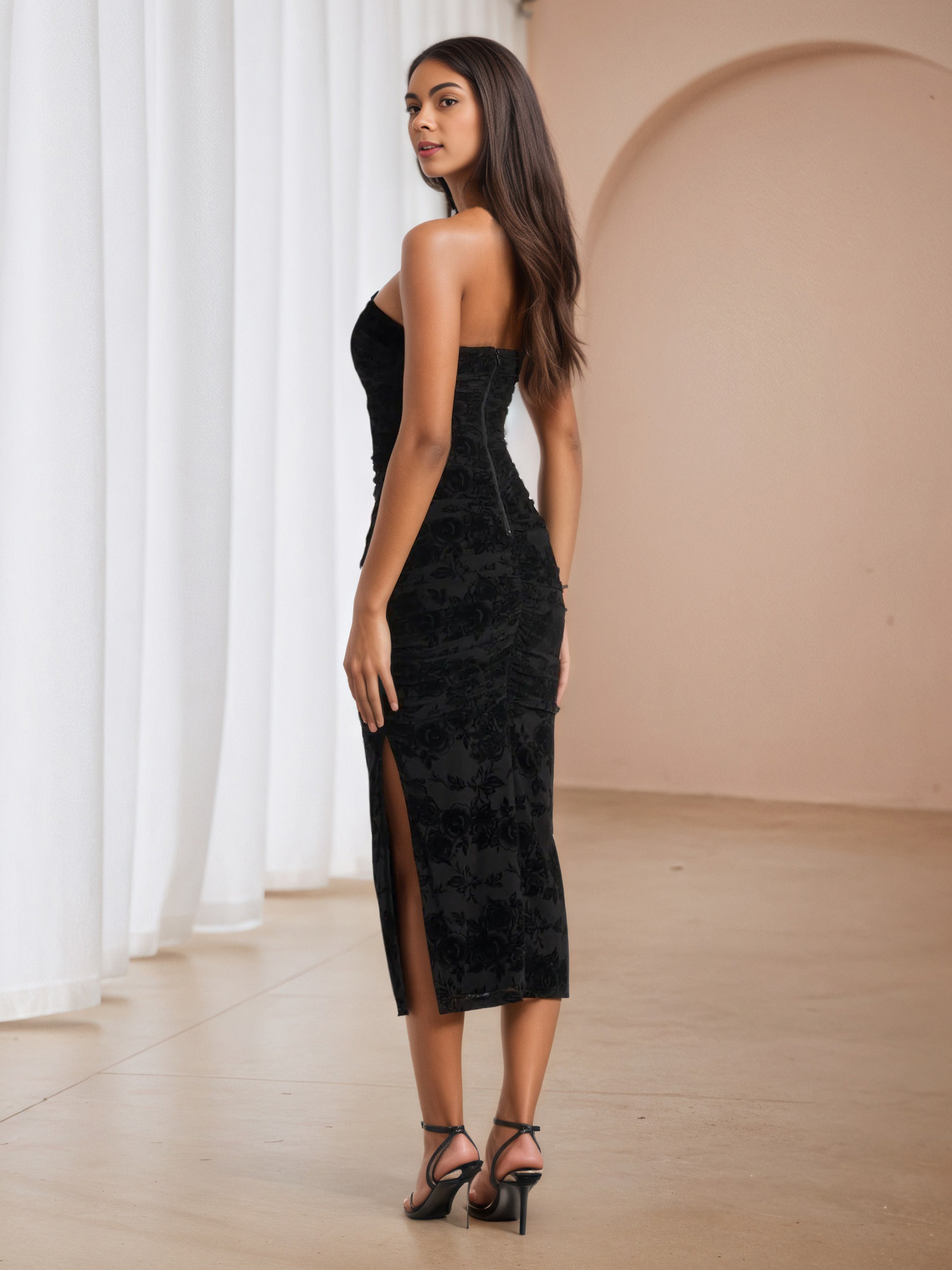 Floral Printed Strapless Black Wedding Guest Dress
