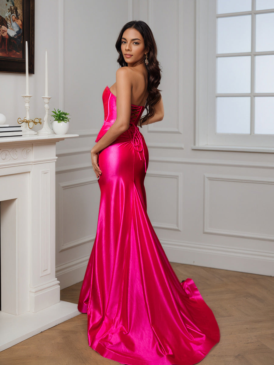 Sheath Slit Strapless Sweep Train Long Prom Dress Fuchsia Evening Gown