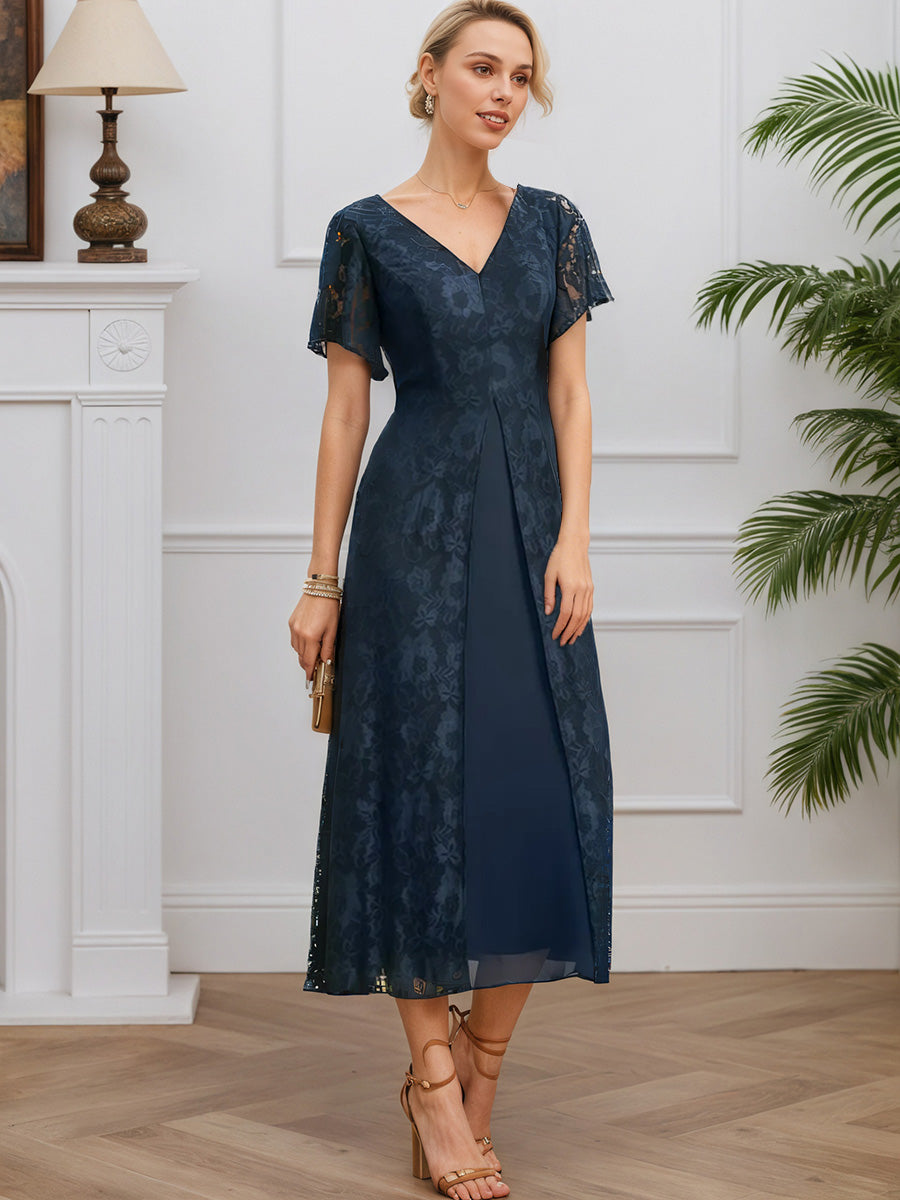 Cicinia Dark Navy Mother Of The Bride Dress Long Chiffon Lace A-line Tea Length