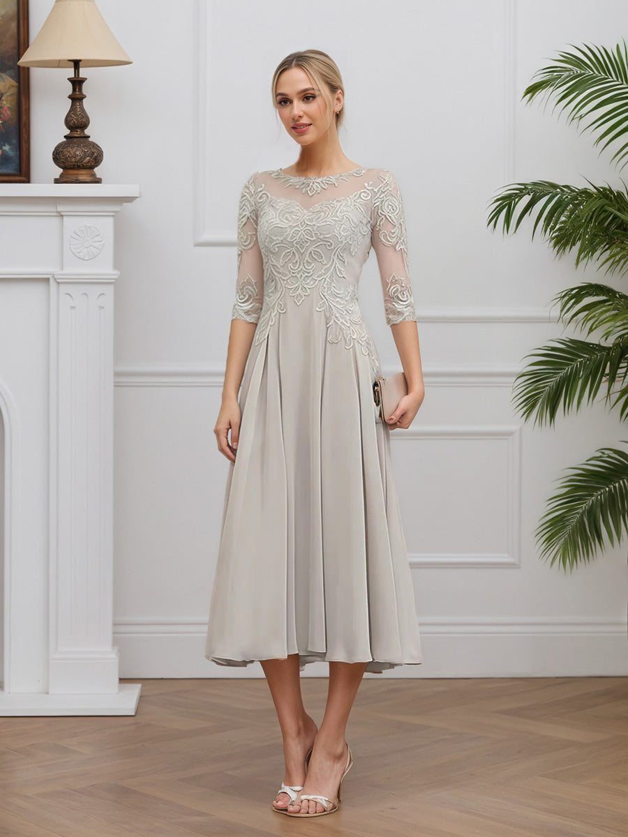 Cicinia Silver Mother Of The Bride Dress Long Chiffon Lace A-line Tea Length