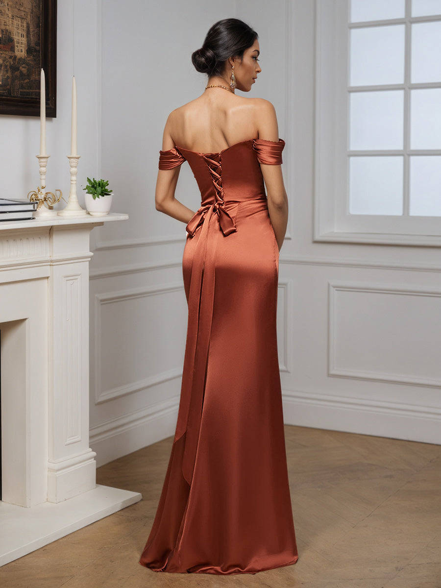 Formal Off The Shoulder Terracotta Sheath Sweep Train Long Prom Dress
