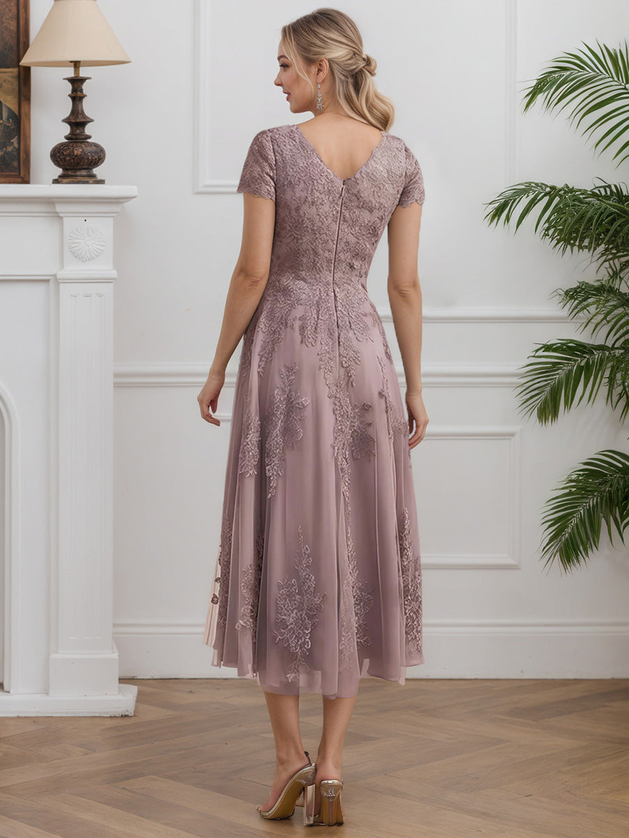 Cicinia Dusk Mother Of The Bride Dress Long Chiffon Lace A-line Tea Length Short Sleeves