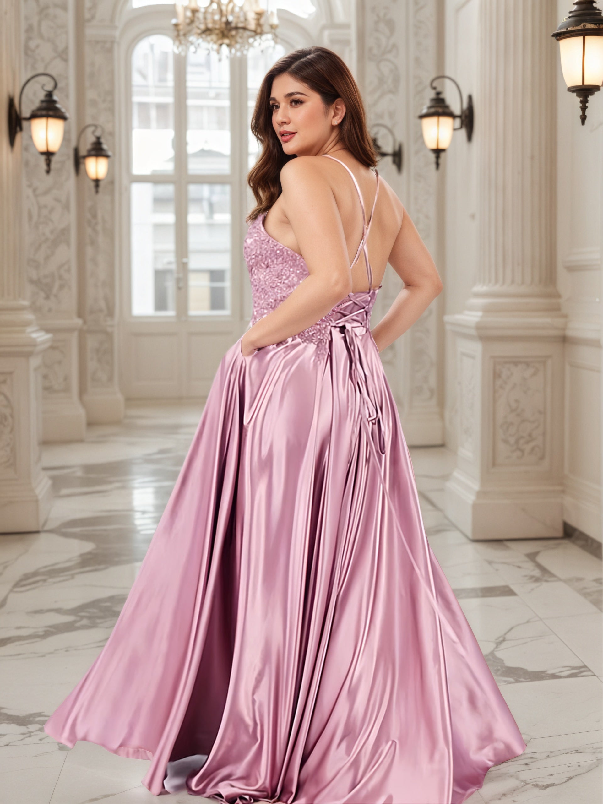 Beautiful Pink Soft Satin Long V-neck Prom Dresses With Pocket Anf Split