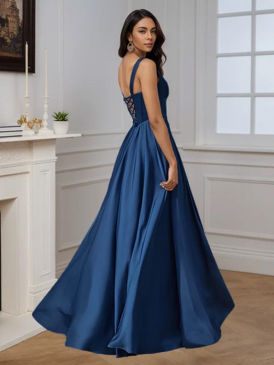 Cicinia Navy Blue Prom Dresses Long Soft Satin A-line Evening Dress