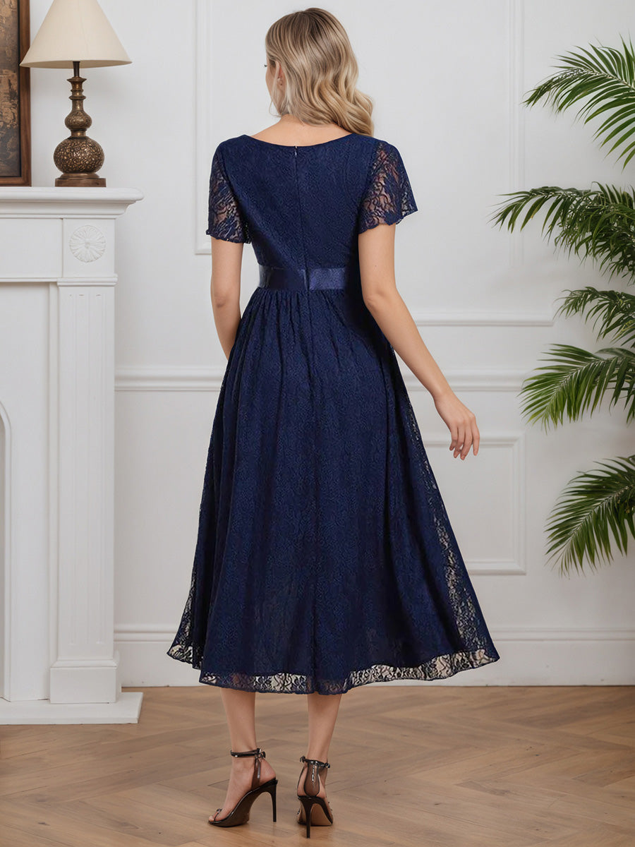 Cicinia Navy Blue Mother Of The Bride Dress Long Lace A-line Tea Length Short Sleeves