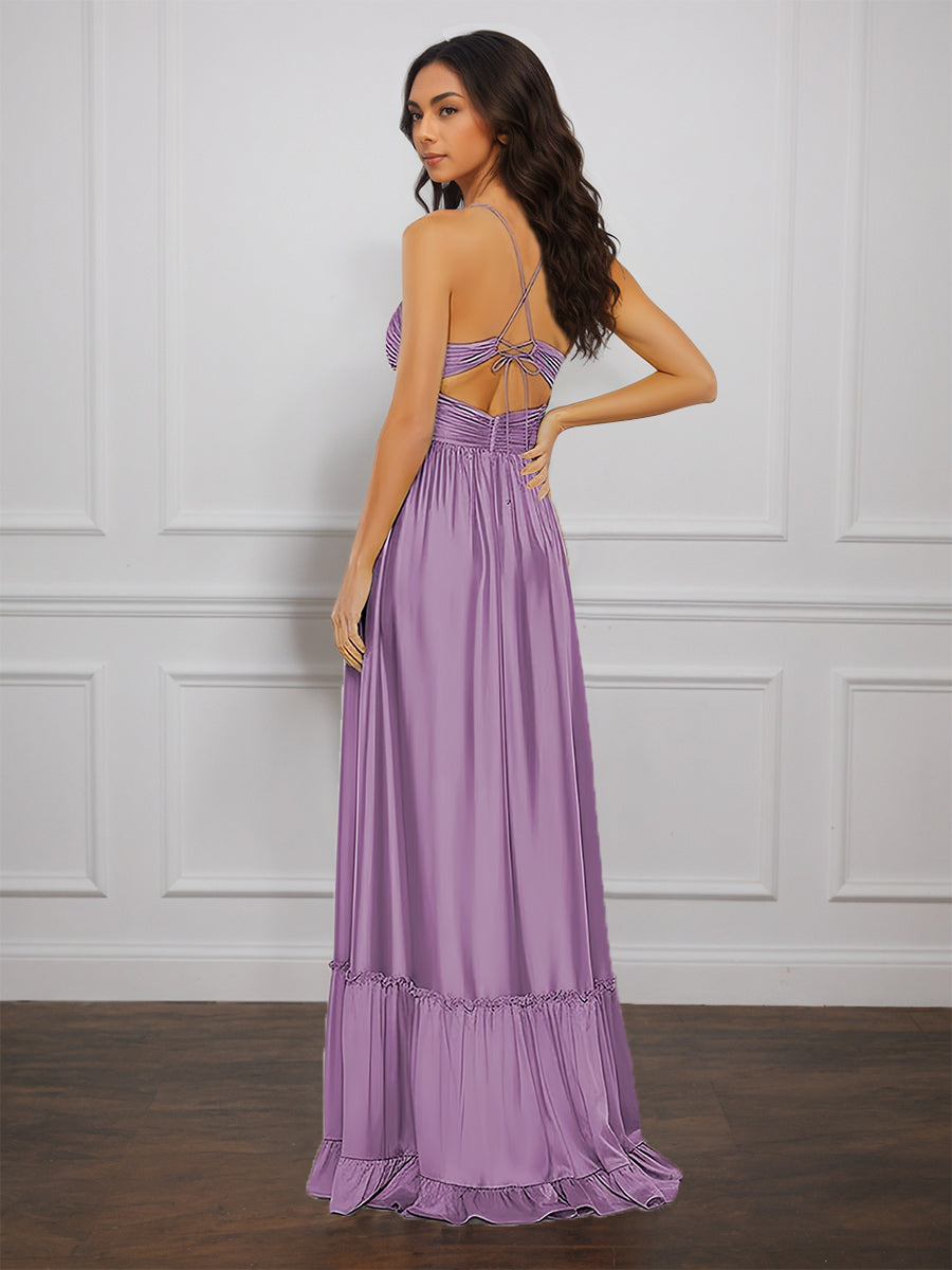 Cicinia Tahiti Prom Dresses Long Soft Satin A-line Spaghetti Straps Sweep Train