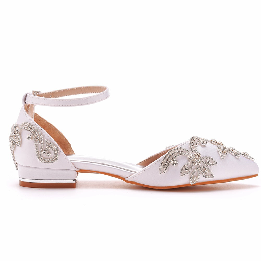 White Satin Rhinestone Flowers Pointed Toe Chunky Heels
