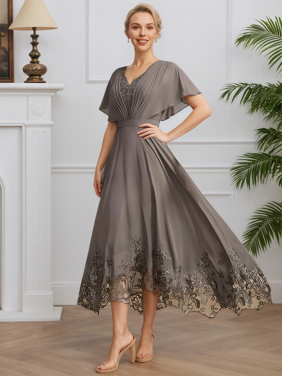 Cicinia Gray Mother Of The Groom Dress Short Lace Chiffon A-line V-neck