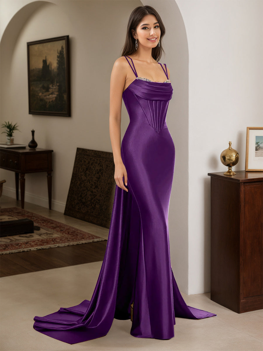 Cicinia Grape Prom Dresses Long Spaghetti Straps Sheath Beaded Slit Dress