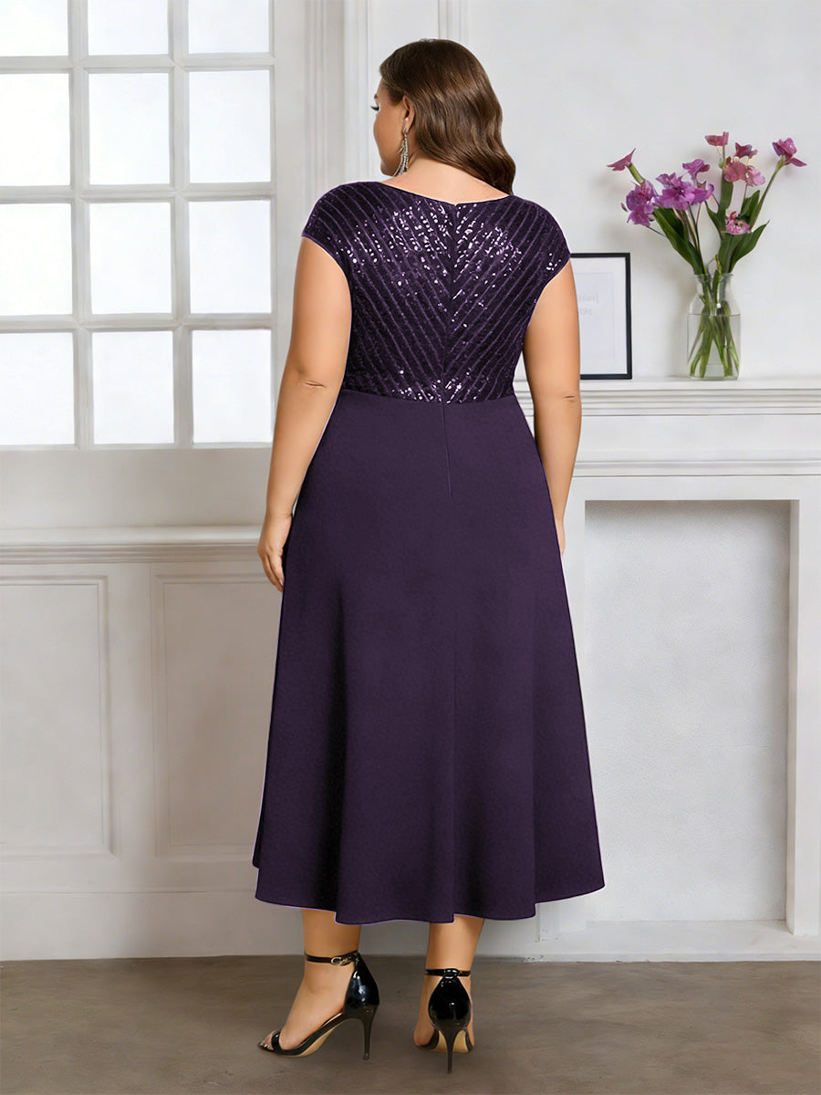 Cicinia Grape Mother Of The Bride Dress Plus Size Long Chiffon Sequins A-line Tea Length V-neck
