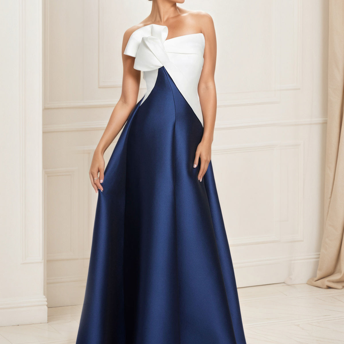 Navy Blue and White Mother Of The Bride Dresses Satin A-Line Strapless Floor Length Mother Of The Bride Dress
