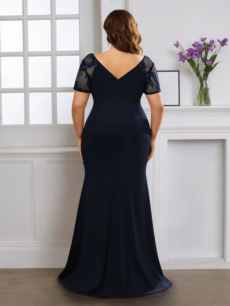 Cicinia Dark Navy Mother Of The Bride Dress With Sleeves Plus Size Long Stretch Fabric Sheath V-neck Slit
