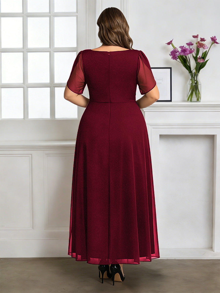 Cicinia Plus Size Burgundy Mother Of The Bride Dress Long Chiffon A-line Ankle Length Short Sleeves V-neck