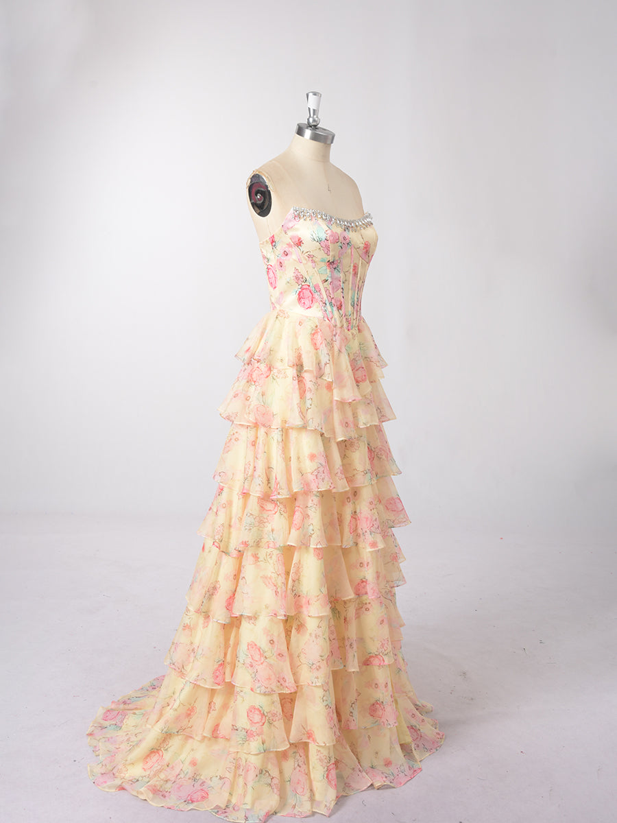 Cicinia Yellow Prom Dresses Long Printed Fabric A-line Sleeveless Slit Layered Gowns