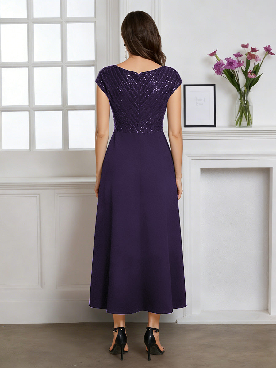 Cicinia Grape Mother Of The Bride Dress Long Chiffon Sequins A-line Tea Length V-neck