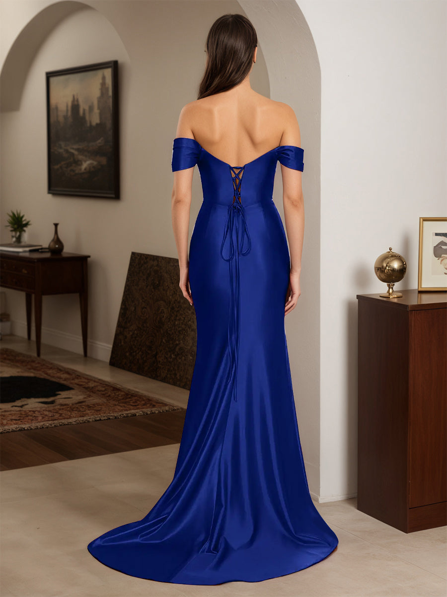 Cicinia Royal Blue Prom Dresses Long Off The Shoulder Sheath Beaded Backless