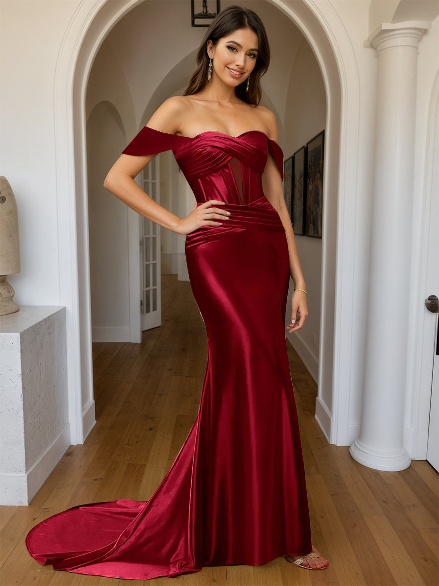 Cicinia Burgundy Prom Dresses Long Sheath Soft Satin Slit Off The Shoulder Evening Gowns With Sweep Train