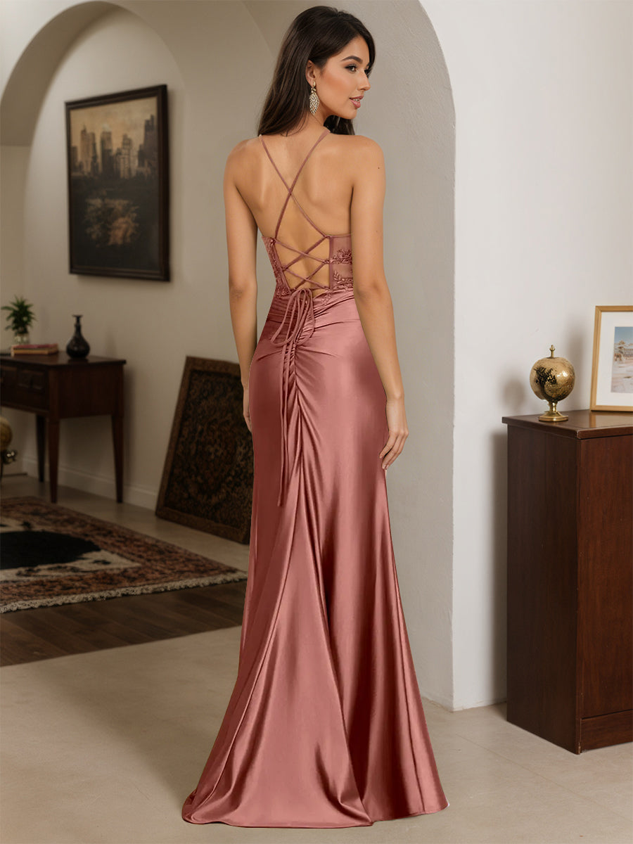 Cicinia Cameo Brown Prom Dresses Long Appliques Lace Sheath Spaghetti Straps Dress