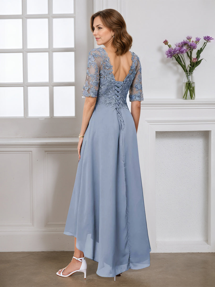 Cicinia Dusty Blue Mother Of The Bride Dress Half Sleeves Long Chiffon Lace A-line V-neck High-Low Hemline