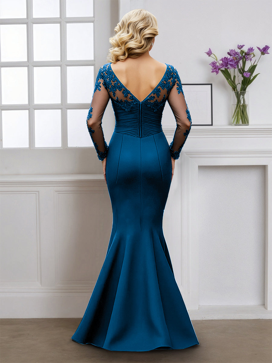 Cicinia Blue Mother Of The Bride Dress With Sleeves Long Stretch Fabric Mermaid V-neck