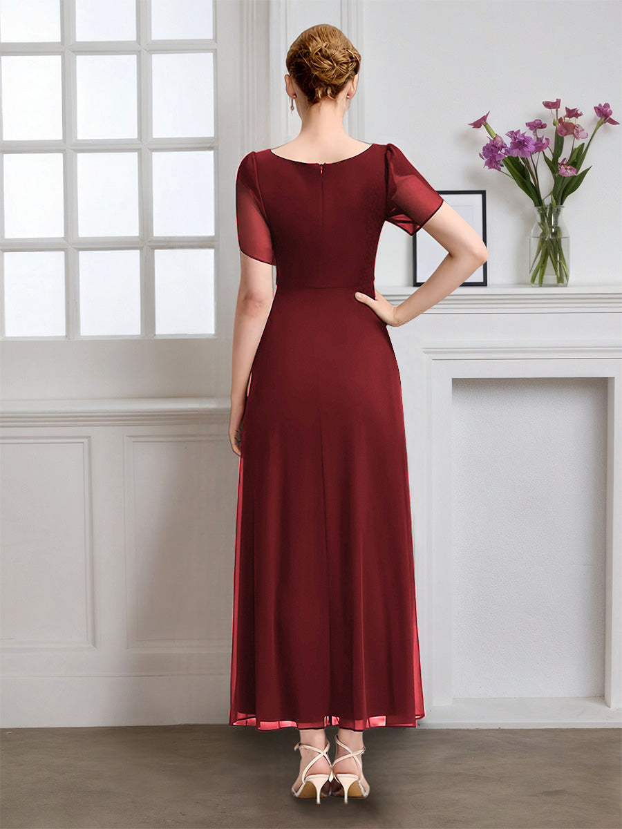 Cicinia Burgundy Mother Of The Bride Dress Long Chiffon A-line Ankle Length Short Sleeves V-neck