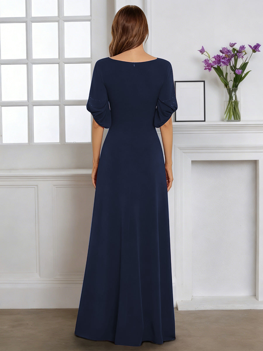 Cicinia Dark Navy Mother Of The Bride Dress With Sleeves Long Stretch Fabric Sheath Beaded Floor Length