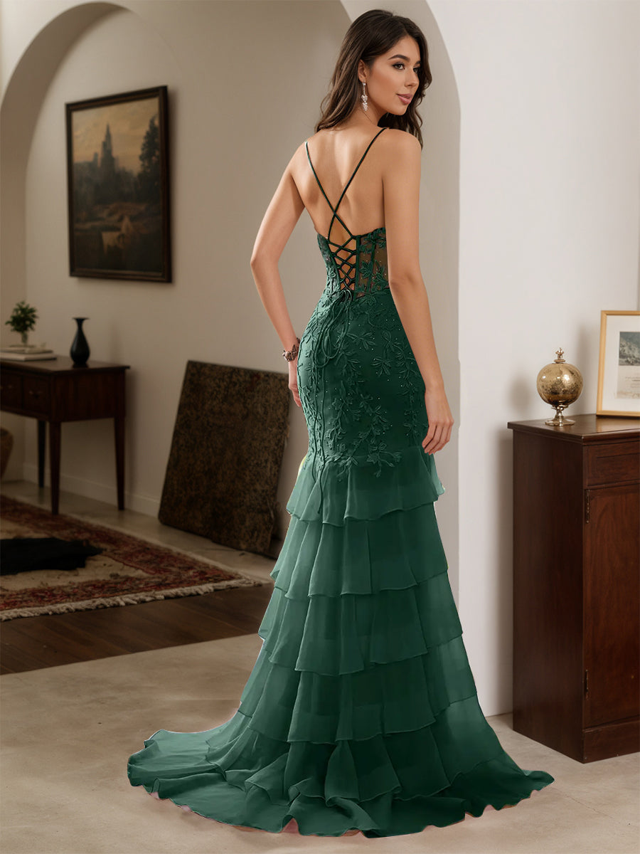 Cicinia Dark Green Prom Dresses Long Chiffon Appliques Lace Sheath Layered Spaghetti Straps