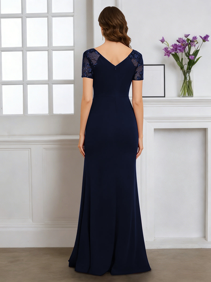 Cicinia Dark Navy Mother Of The Bride Dress With Sleeves Long Stretch Fabric Sheath V-neck Slit