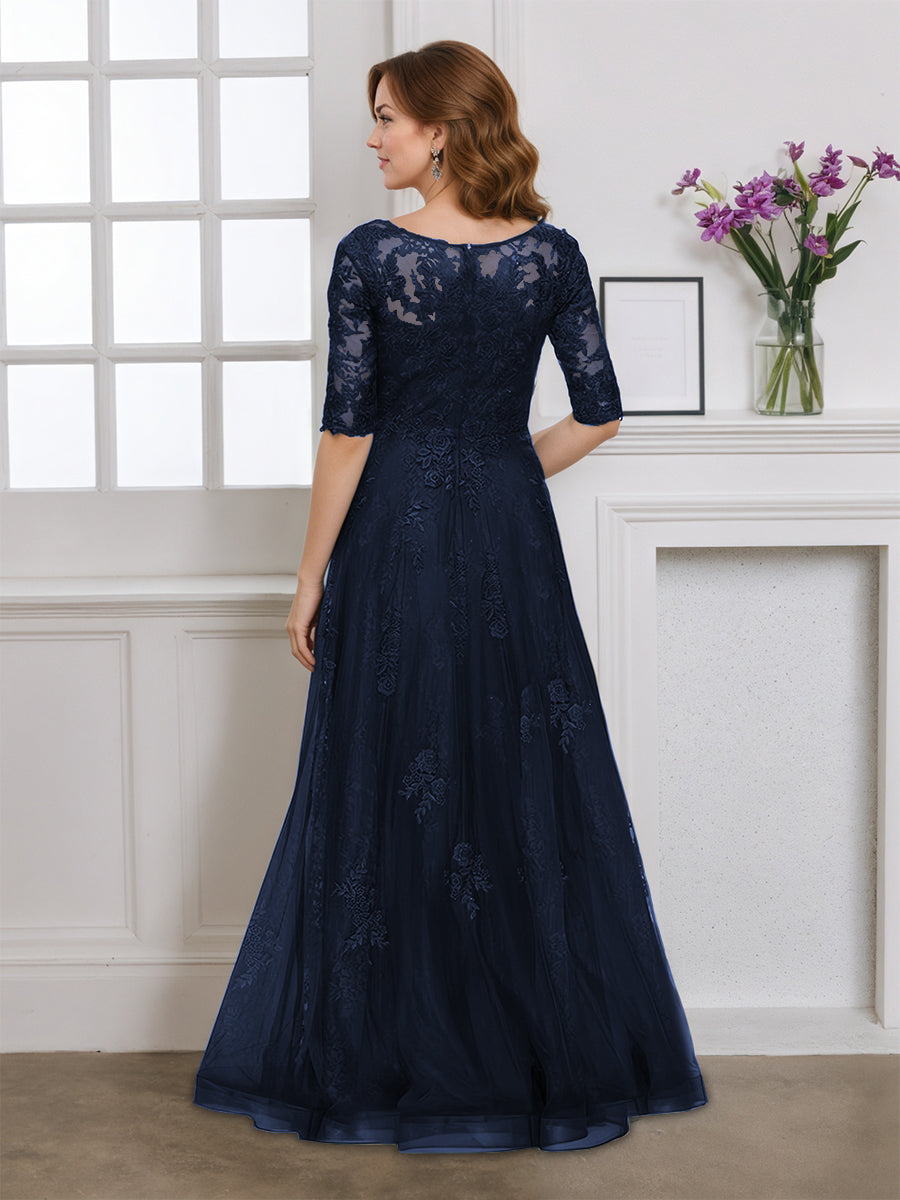 Cicinia Dark Navy Mother Of The Bride Dress Half Sleeves Long Tulle Appliques Lace Floor Length