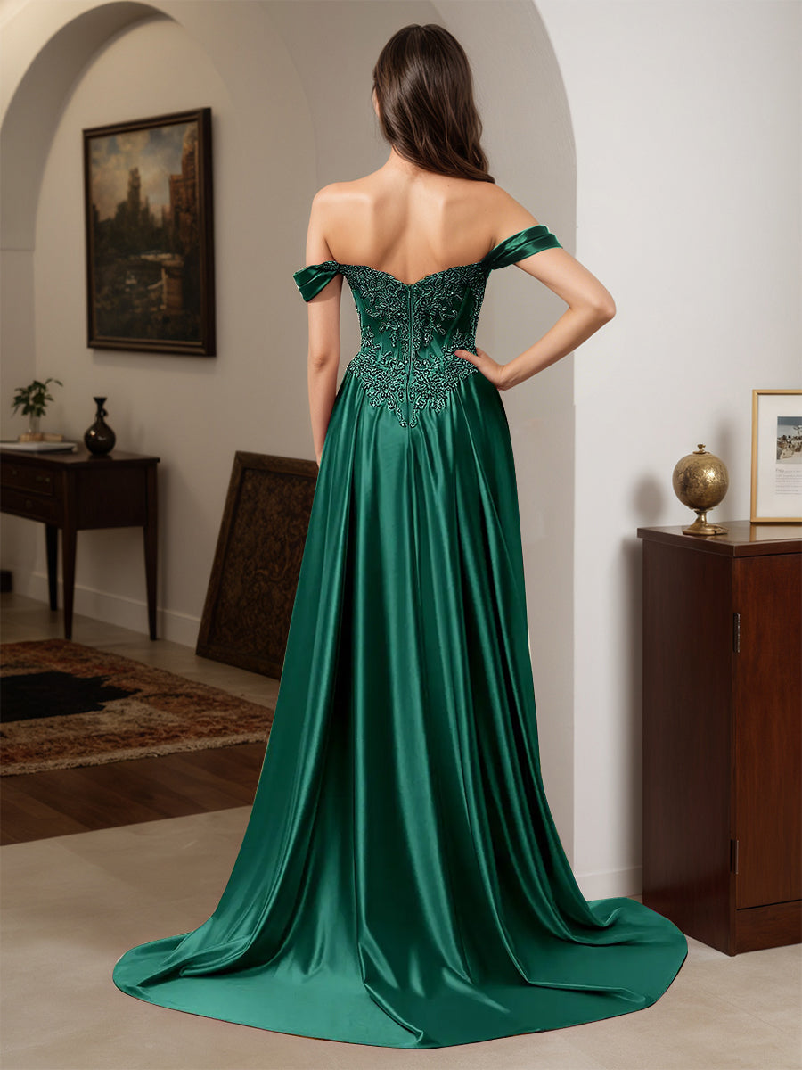 Cicinia Dark Green Prom Dresses Long Sheath Appliques Lace Off The Shoulder Dress