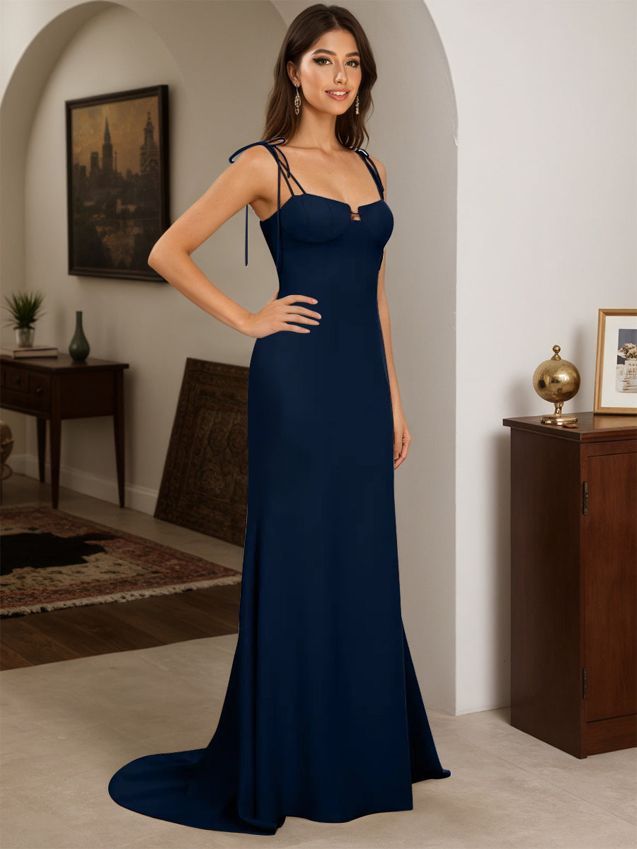 Cicinia Dark Navy Prom Dresses Long Spaghetti Straps Backless Sheath Dress With Sweep Train