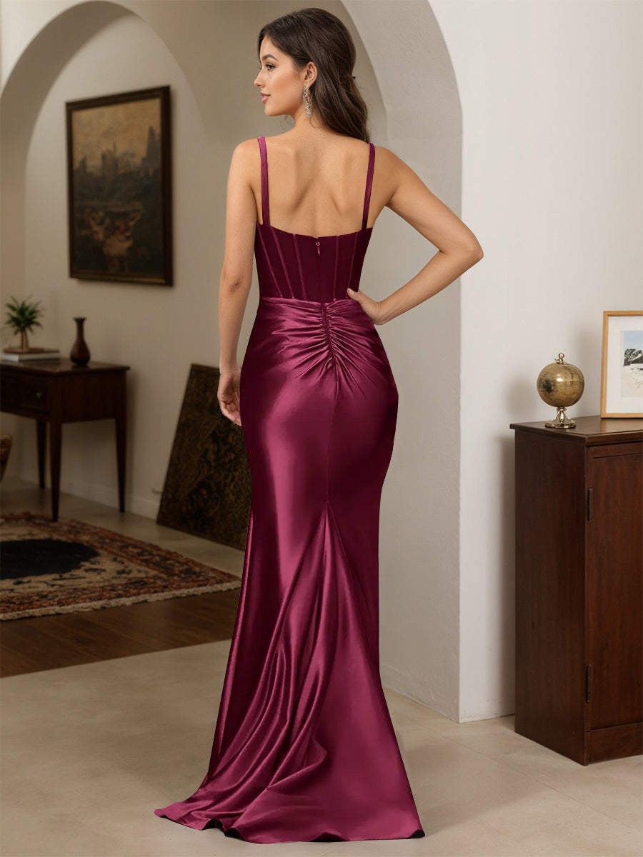 Cicinia Mulberry Prom Dresses Long Stretch Satin Sheath Backless Sleeveless Gowns