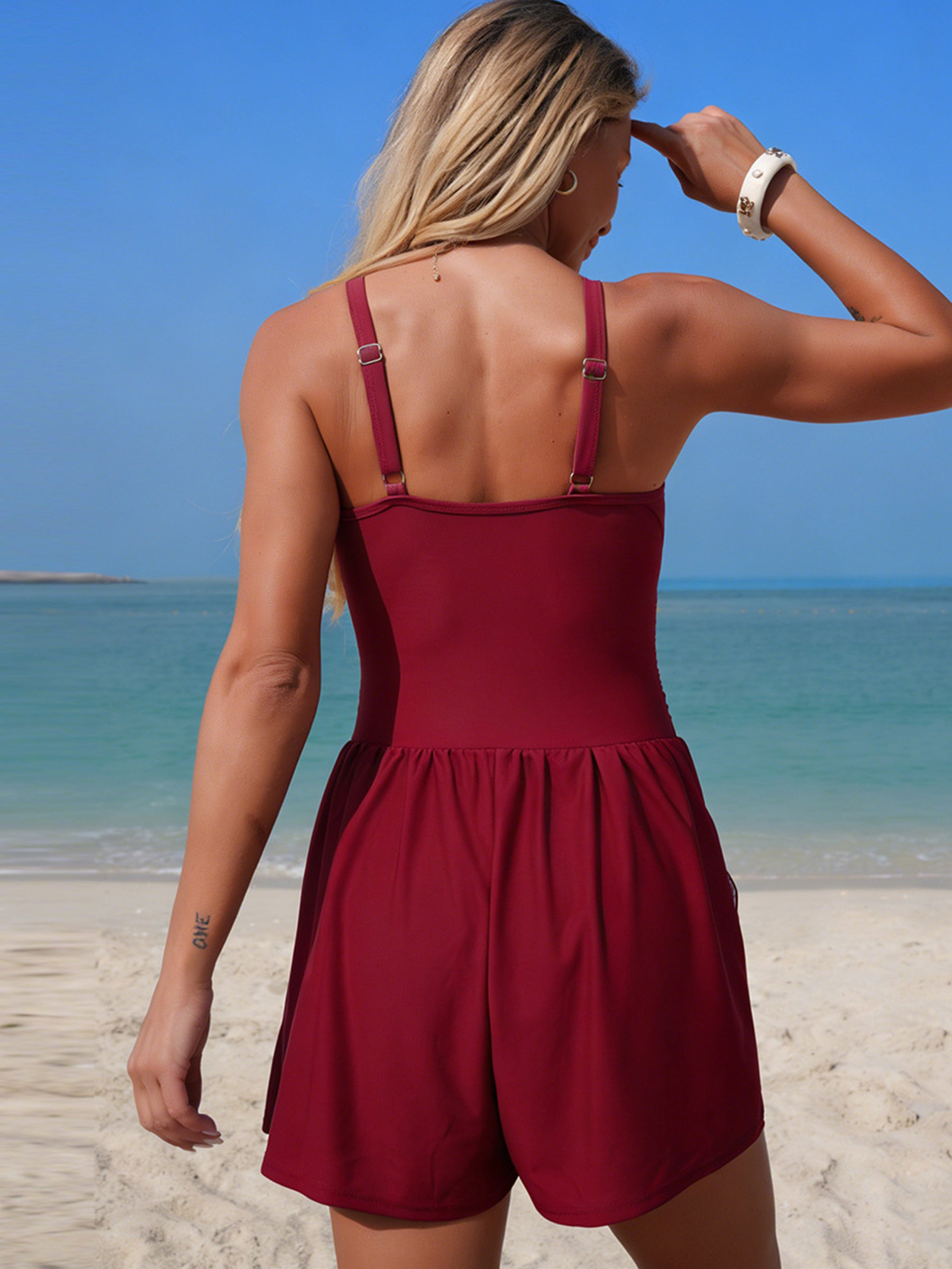 Cicinia Mesh V-Neck Pocket Romper Women Adjustable Strap Solid Side Pockets Burgundy Casual Jumpsuit