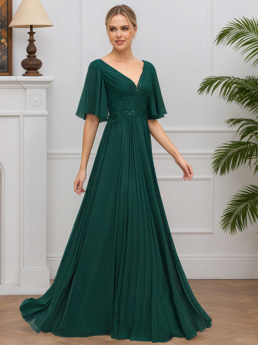 Cicinia Dark Green Mother Of The Bride Dress Long Chiffon Lace A-line V-neck Modest