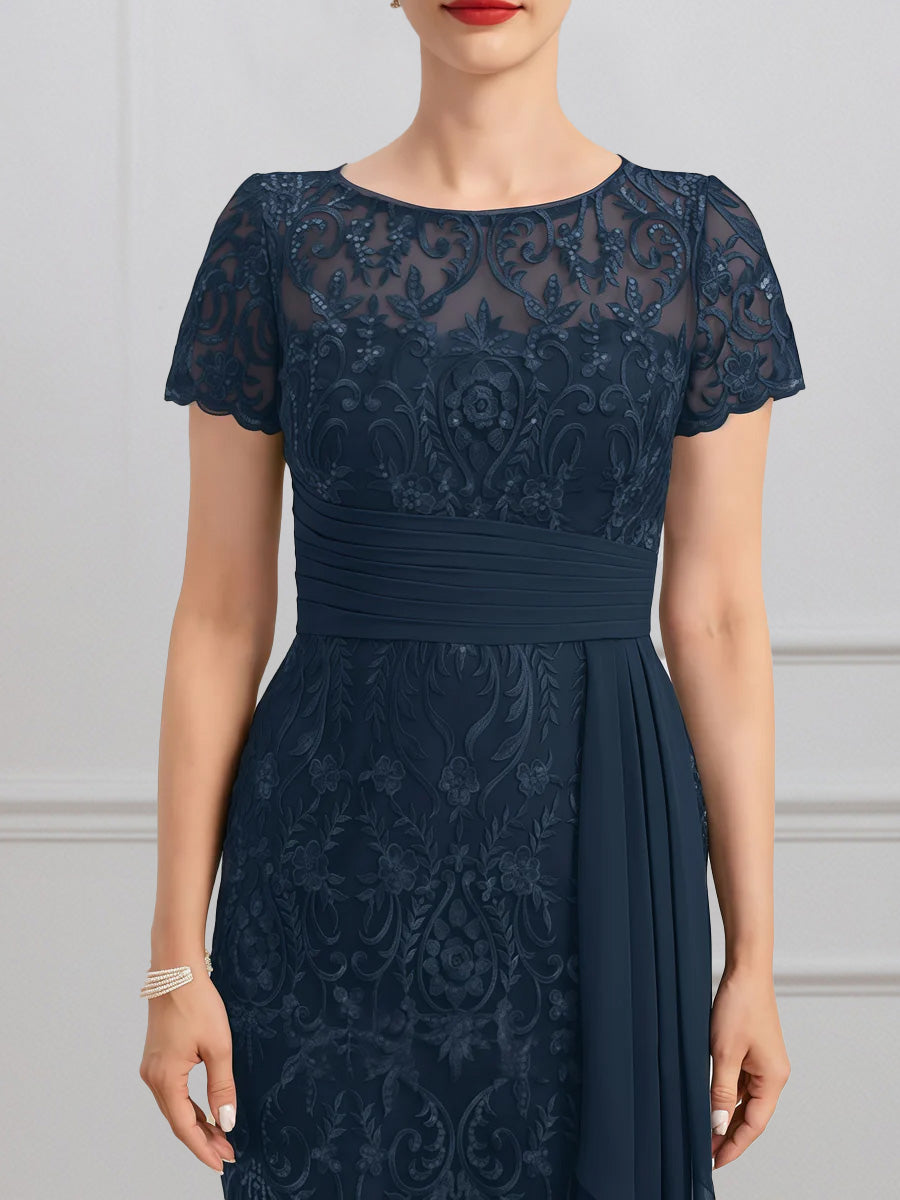Cicinia Dark Navy Mother Of The Groom Dress Short Chiffon Lace Sheath Knee Length