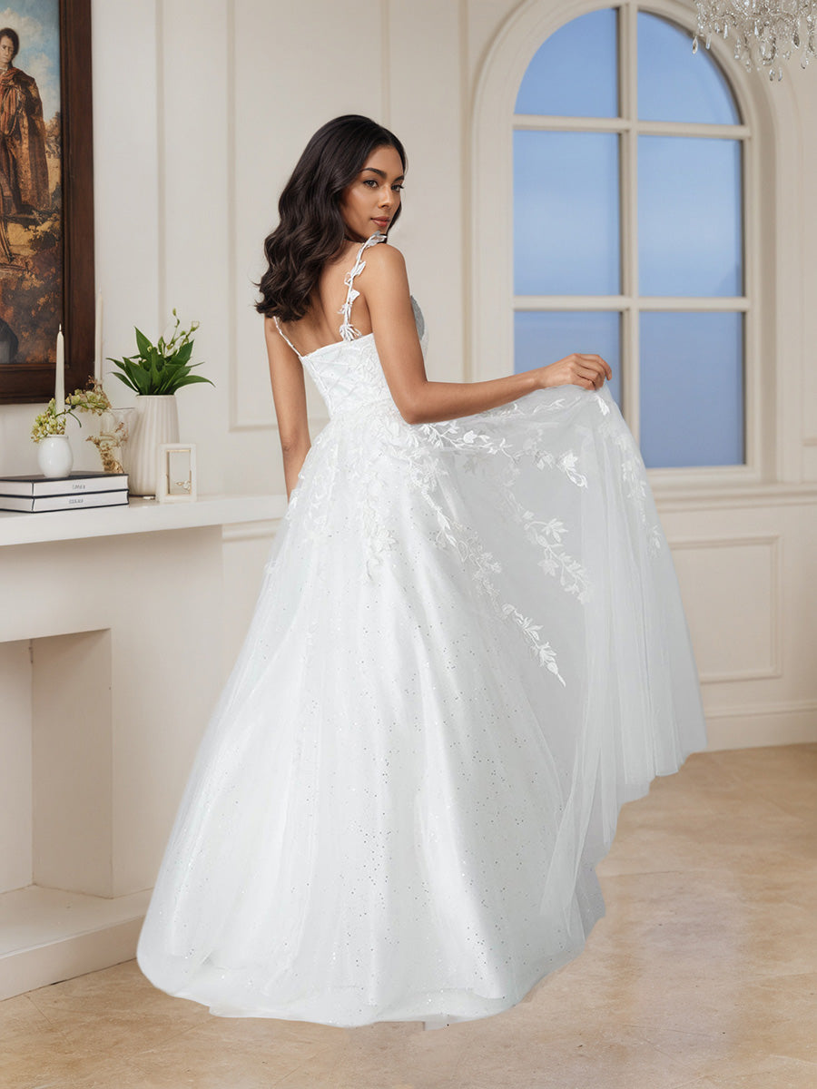 Elegant V-neck Lace Tulle A-line Floor Length Long Wedding Dress