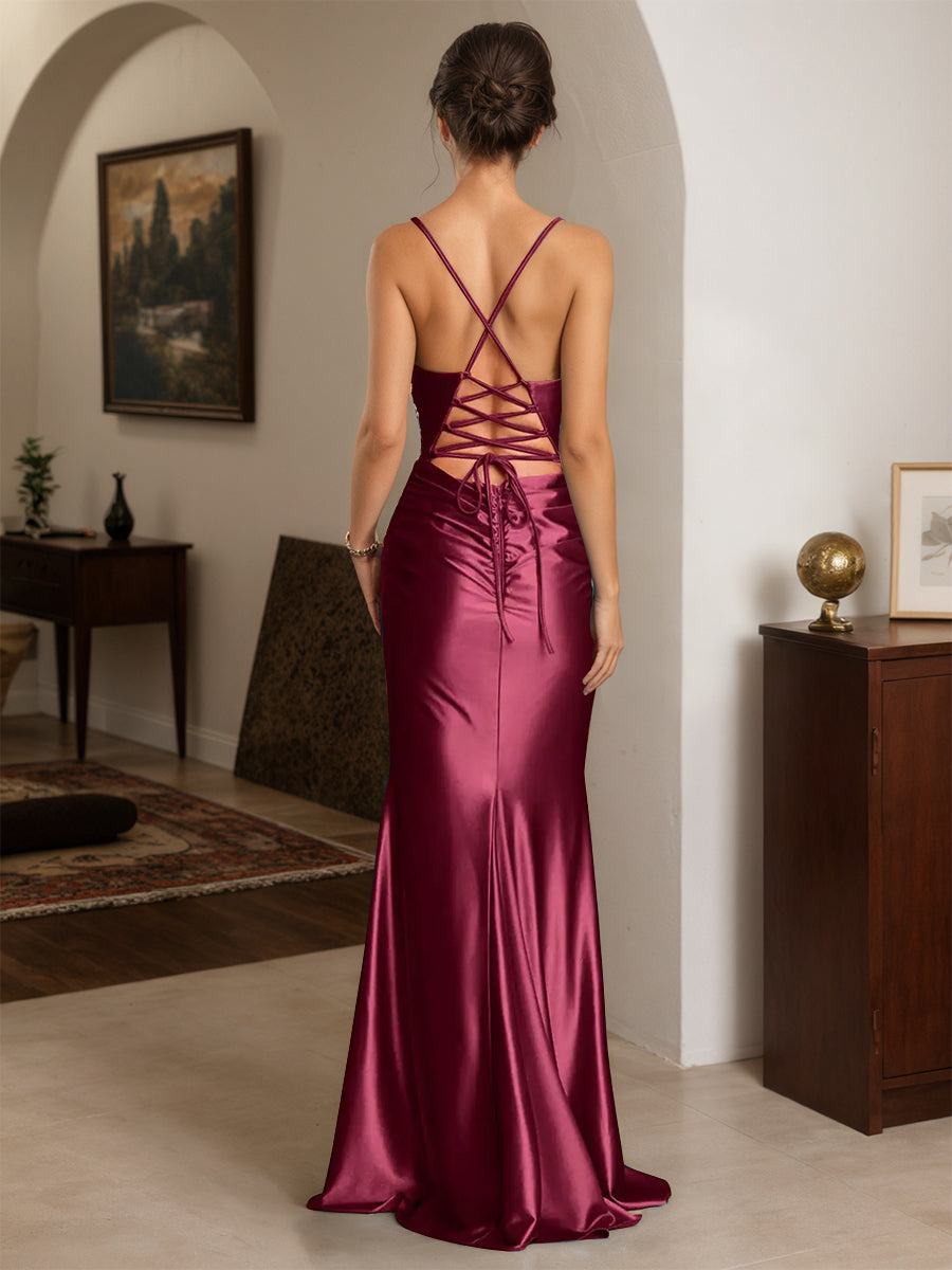 Cicinia Mulberry Prom Dresses Long Stretch Satin Sheath Spaghetti Straps Backless Chic