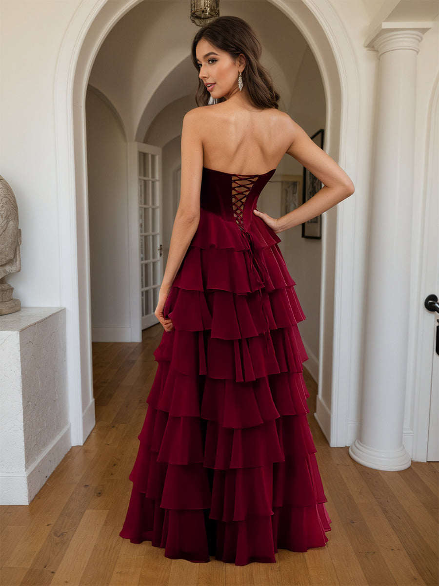 Cicinia Burgundy Prom Dresses Long A-line Slit Sweetheart Layered Evening Gowns